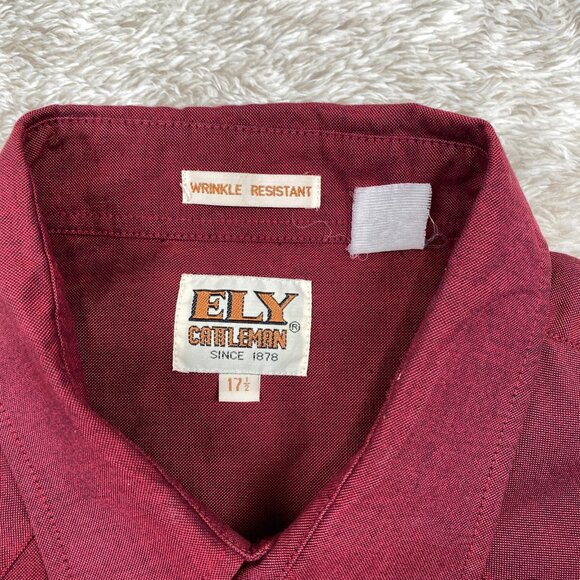 VTG Ely Cattleman Pearl Snap Shirt Mens 17.5 Maroon Western Wrinkle Resistant - Picture 6 of 9
